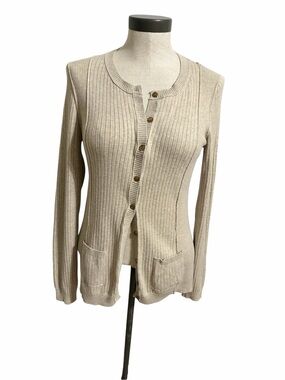 Banana Republic Pima Cotton Ribbed Button Front Cardigan Sweater Beige Women M